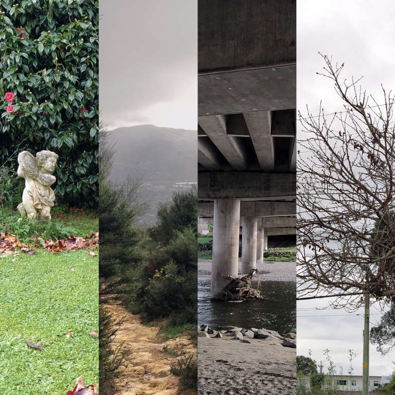 Four long, tall and narrow, images. One, a garden staue. Two, distant hills in cloud. Three, under a bridge over a river. Four, a leafless tree