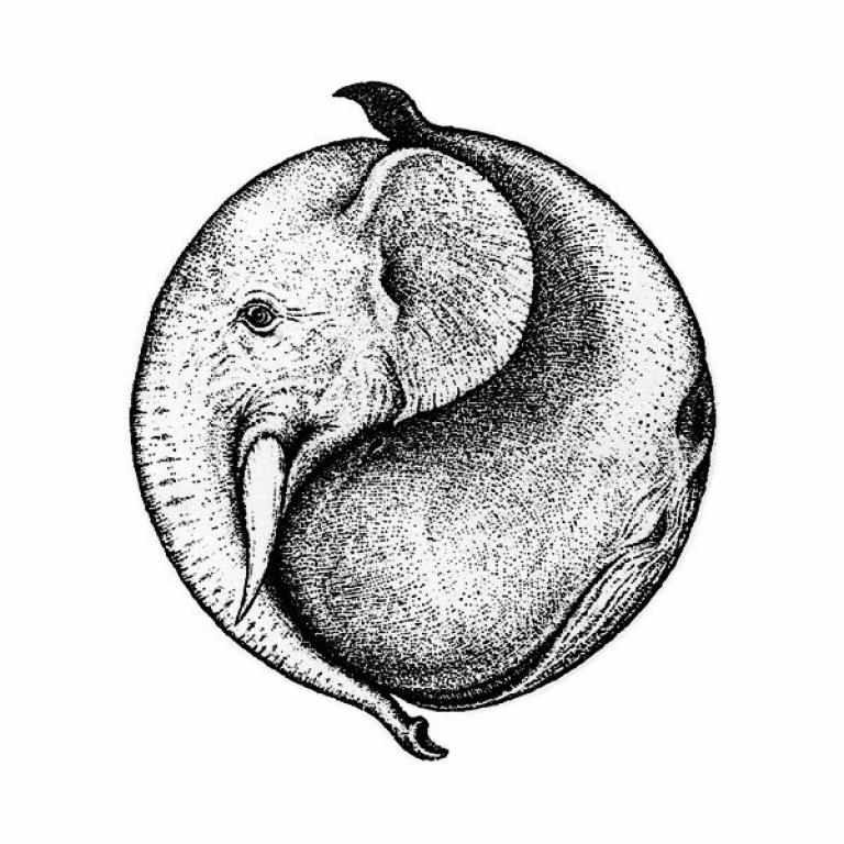 A black and white drawing of an elephant contorted into a yin yang symbol