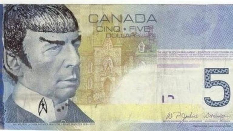 Canadian five dollar bill defaced to look like Spock