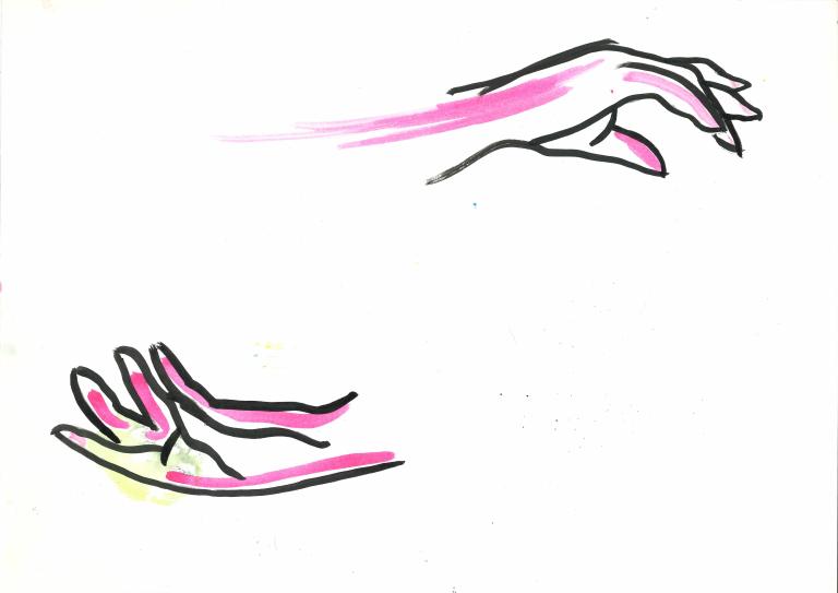 two hands, free in white space. One palm up,one palm down. They are relaxed in pink. They are in a slightly different state to the ones described above. The same hands in a different moment.
