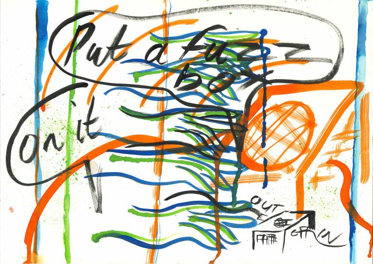 an orange amplifier. The hand is now existing in getsures of green and blue. Speech bubble "put a fuzz box on it". a fuzzbox at the bottom of the page labelled "In/out"