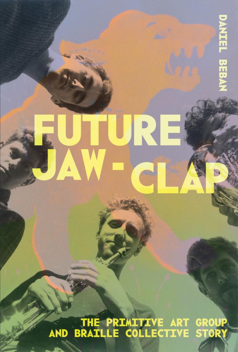 The book cover - ficve musicians are peering down into a camera that is far below them.
